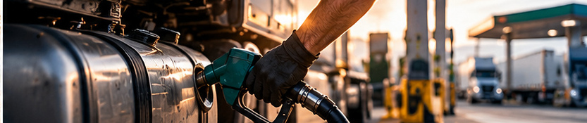 Truck fueling at a commercial fuel pump, representing fleet fuel and operating costs