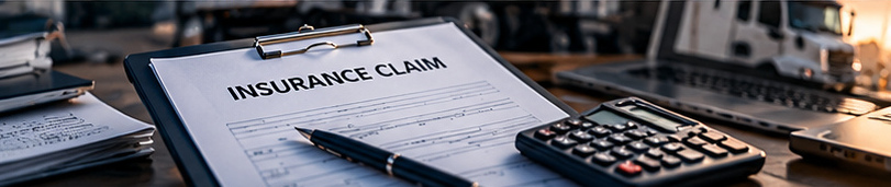 Commercial insurance paperwork and calculator representing fleet insurance costs and claims exposure