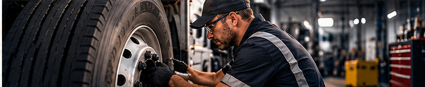 Technician inspecting a commercial truck wheel and tire to prevent maintenance-related downtime
