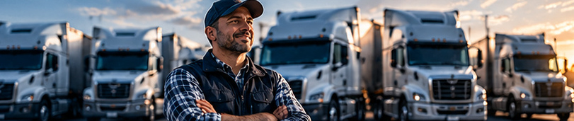 Professional commercial truck driver standing beside a fleet vehicle, representing driver availability and retention