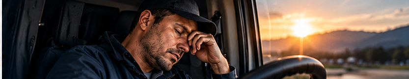 Tired truck driver resting in a parked cab, illustrating fatigue and schedule risk