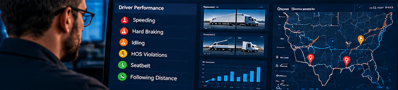 Fleet performance dashboard showing driver behavior alerts and metrics that require management follow-up