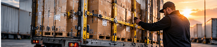 Cargo boxes inside a commercial trailer with a security concern nearby, representing cargo loss, damage, and theft