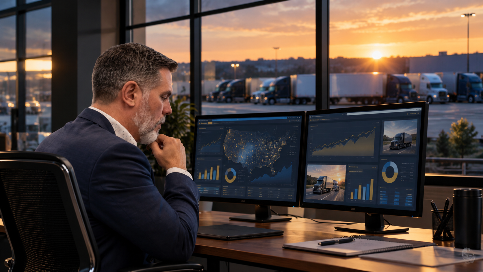 Fleet safety manager reviewing transportation risk data and safety performance information