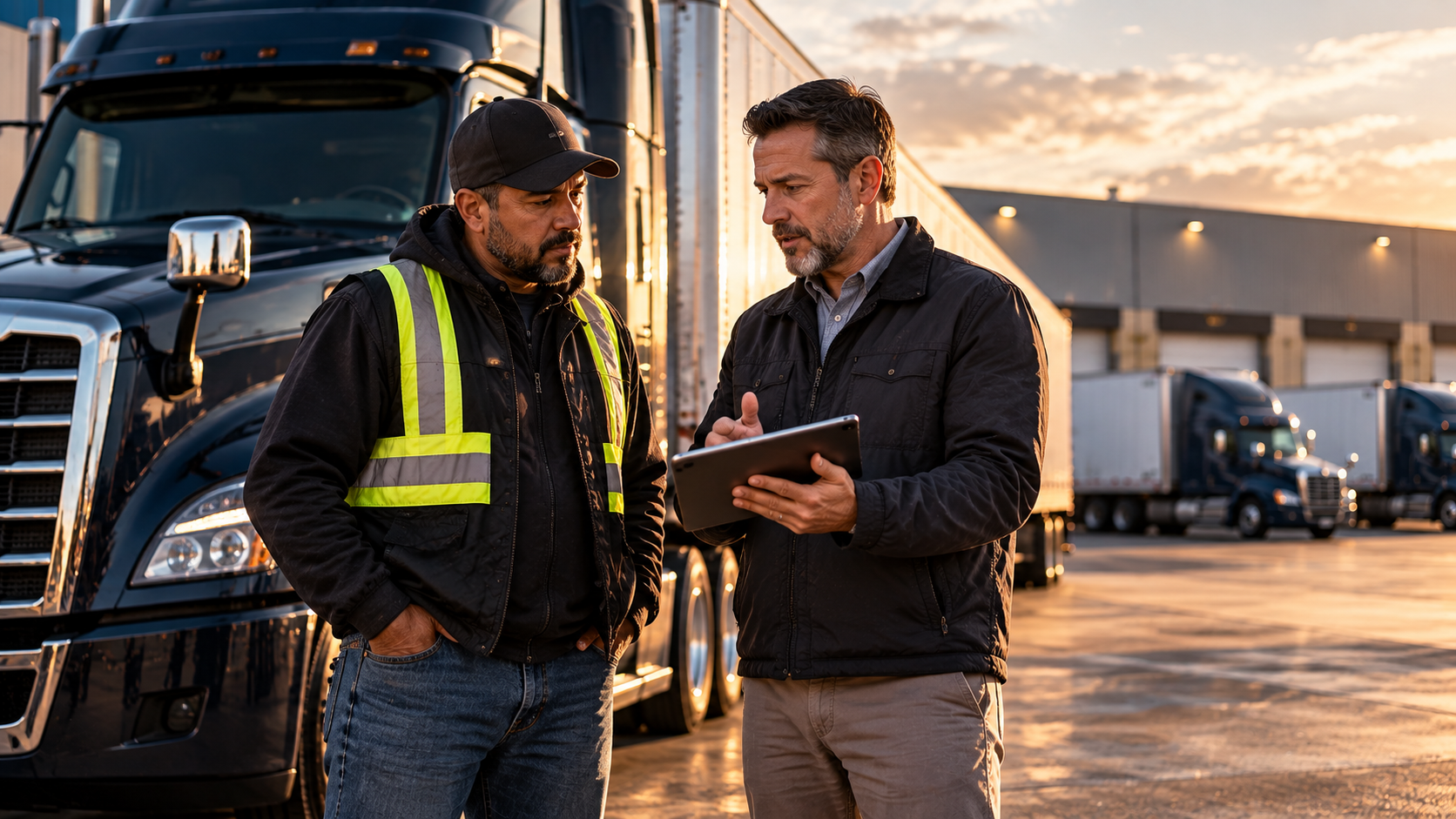Fleet manager discussing safety and driver performance with a commercial truck driver