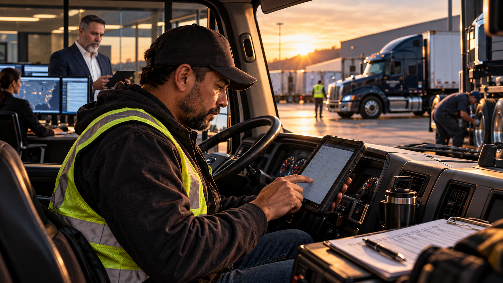 Commercial driver using technology while fleet operations and safety personnel work in the background