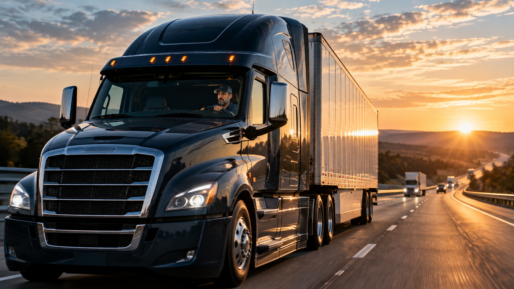 Modern American semi-truck traveling on an interstate at dawn