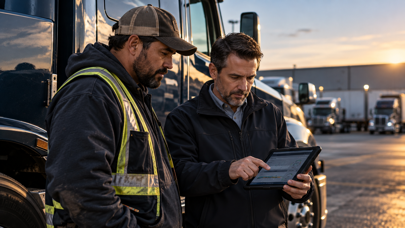Fleet operations manager and dispatcher reviewing delivery schedules and driver availability