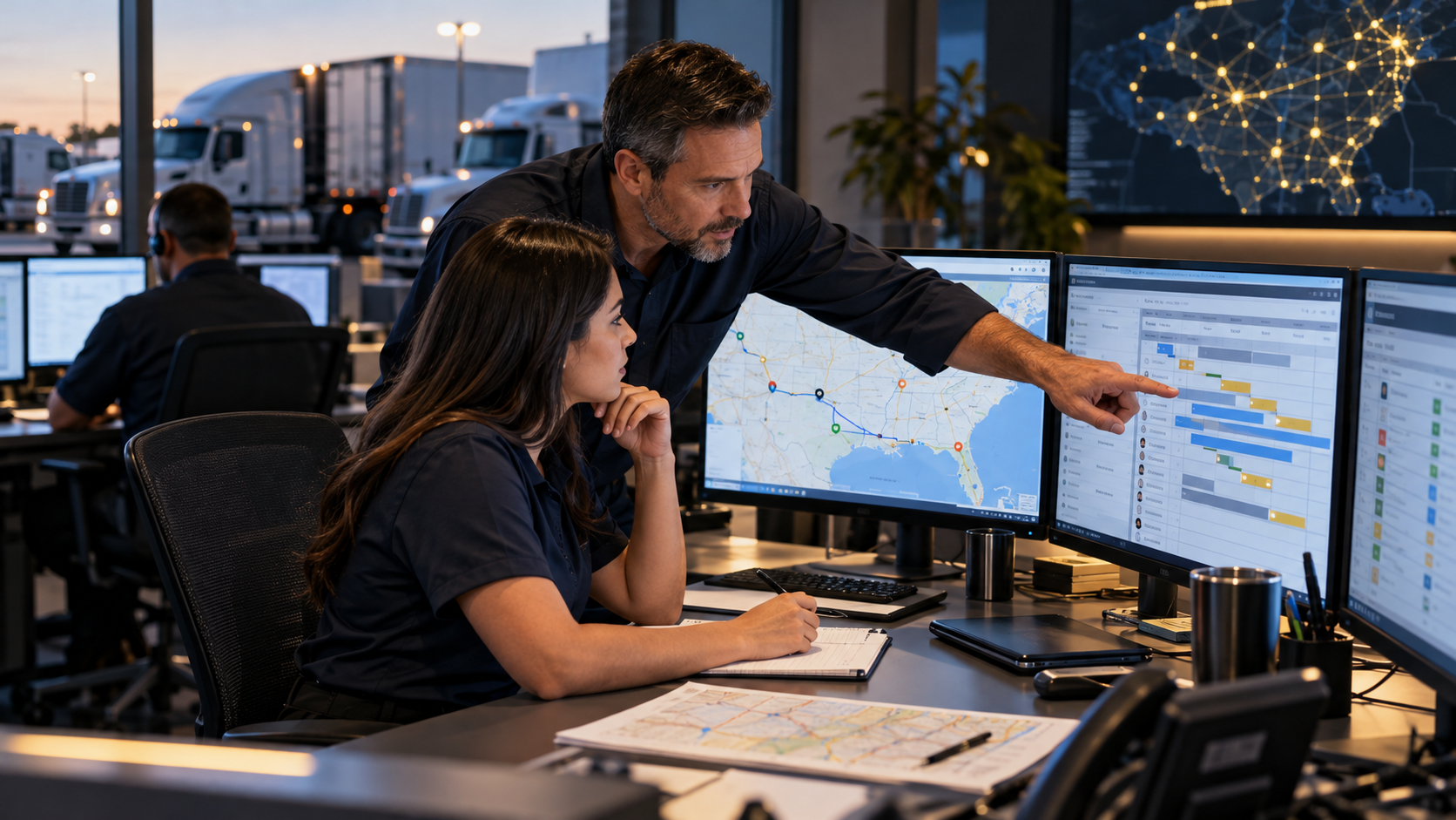 Commercial truck driver and fleet manager reviewing electronic logging and duty-status records on a tablet